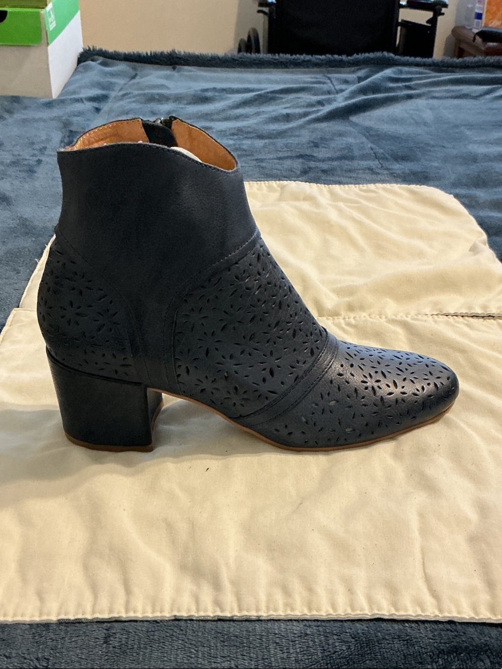 Perforated Navy Leather Ankle Bootie with Block Heel